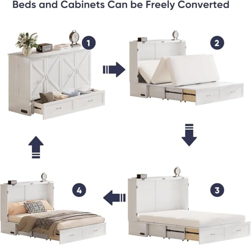 ijuicy Queen Size Murphy Bed with Mattress Included, Farmhouse Murphy Cabinet Bed with Multifunctional Charging Station & Storage Drawers,Space-Saving Hideaway Bed for Guests-Pure White,with Mattress