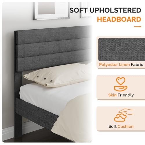 VINGLI Full Bed Frame with Headboard,Upholstered Platform Bed with Adjustable Headboard,Heavy Duty Slats Support,Mid Century Modern,Noise Free, No Box Spring Needed, Dark Gray VINGLI