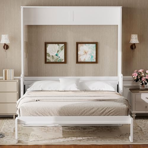 Queen Size Murphy Wall Bed with Desk, Wood Foldable Bed Cabinet with LED Lights and USB Charging Station for Small Places (White) BEDGJH