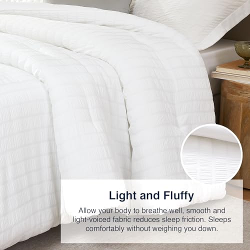 Quataly White Queen Comforter Set - 3 Pieces Seersucker Lightweight Bedding Comforter Sets (1 Soft Fluffy Comforter & 2 Pillowcases) - All Seasons Cozy Modern Bed Sets Quataly