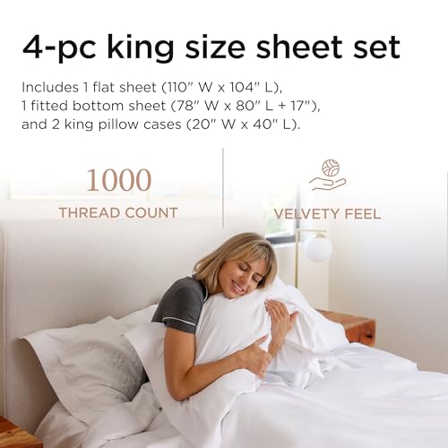 Threadmill 100% American Supima Cotton Sheets King Size - 1000 Thread Count, 4Pc King Size Sheet Set, Smooth Sateen Sheet, Ultra Luxury Bed Sheet, 17" Deep Pocket King Sheet Set - White Sheets Threadmill