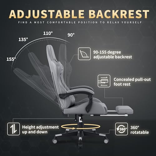 Gamtimer Gaming Chair, 400 lbs Adult Chair, High Back Computer Chair with Footrest and Linked Armrests, Office Video Game Chair with Lumbar Support (Grey) Gamtimer