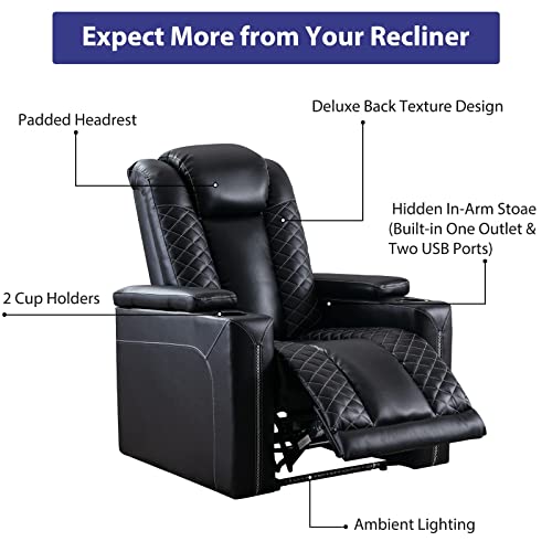 CANMOV Electric Power Recliner Chairs with USB Ports and Cup Holders, Breathable Faux Leather Home Theater Seating Recliner with Hidden Arm Storage, Ambient Lighting, Black CANMOV