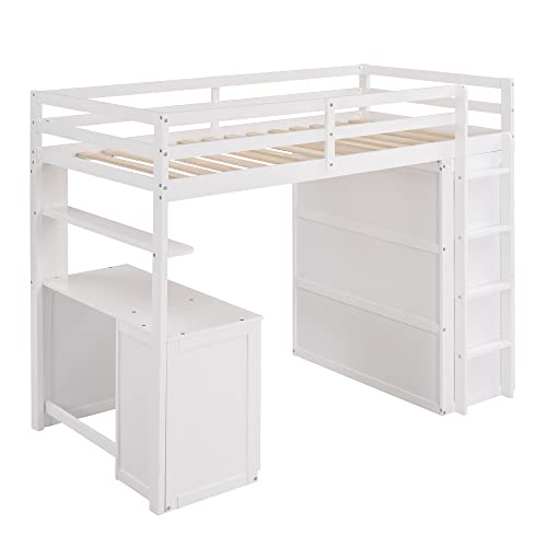 Harper & Bright Designs Twin Loft Bed with Desk and Wardrobe, Solid Wood Loft Bed Frame with Storage Drawers, for Kids Teens Adults (Twin Size, White) Harper & Bright Designs