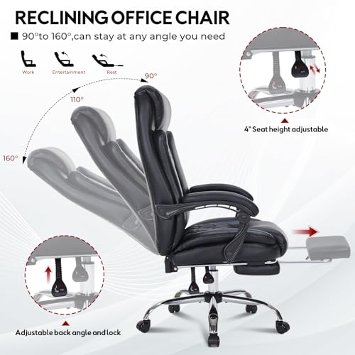 400lbs Reclining Executive Office Chair with Foot Rest, Big and Tall Ergonomic Office Chair, Home Office Desk Chairs for Heavy People (Black) TUORUI