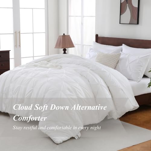 Sheet&Joy Queen Comforter Set, 7-Piece Bed in a Bag, Pintuck Bedding Sets for All Season, Includes Comforter, Flat Sheet, Fitted Sheet, Pillowcases and Pillowshams, White Sheet&Joy