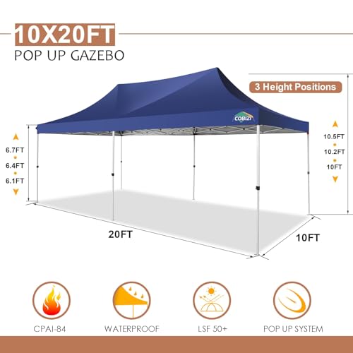 COBIZI 10x20 Pop Up Canopy with Sidewalls,Waterproof & UV50+,Tents for Parties,Outdoor Gazebo for Backyard,Suitable for Weddings, Events,and Markets,Vending (Dark Blue) COBIZI