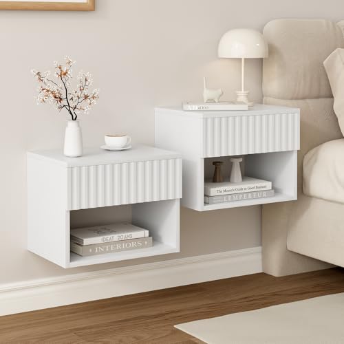 AURINEST Floating Nightstand Set of 2, Modern Wall Mounted Bedside Tables with Fluted Drawer, Night Stand Small End Table with Open Storage Shelf for Bedroom, Living Room, Small Spaces, White AURINEST