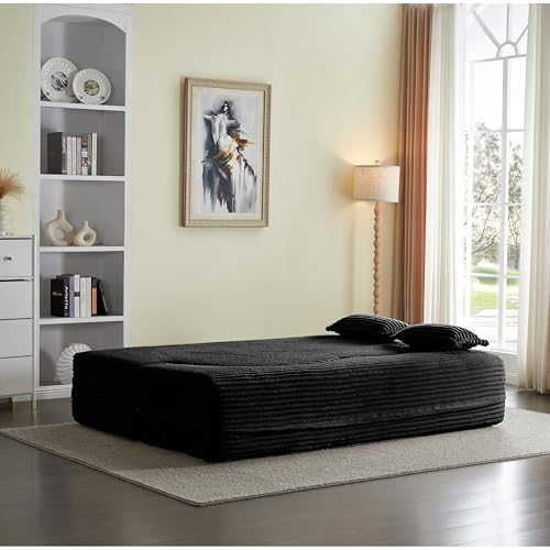 Teddy Fabric 3-in-1 Floor Sofa Bed with 2 Pillows, 15" Full Size Convertible Folding Foam Mattress Couch, No-Assembly Trifold Futon Guest Bed for Living Room, Dorm (Plush Corduroy, Black) Generic