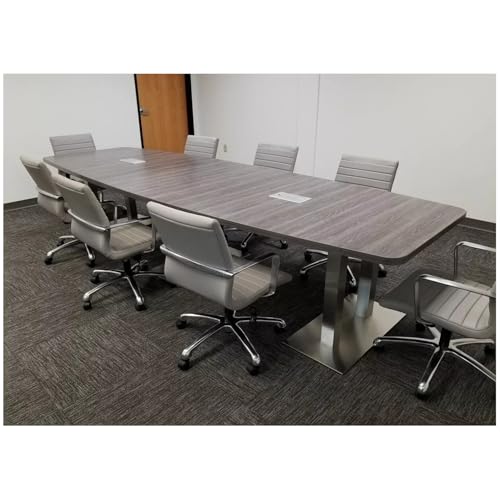 Thaweesuk Shop New Gray Finishes 12 ft Modern Executive Boat Shaped Wood Conference Table Dual Post Metal Legs Grommets Racetrack Silver 2 Power Data Modules Boardroom Room Meeting Business Furniture Generic
