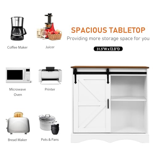 HOMFAMILIA 31.5" H Farmhouse Coffee Bar Cabinet w/Storage, White Kitchen Sideboard Buffet Cabinet with Sliding Barn Door, Rustic Accent Console with Adjustable Shelves, for Kitchen, Living Room HOMFAMILIA