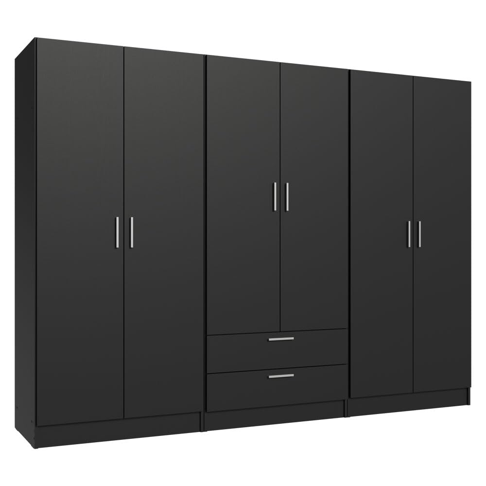 Madesa 6 Doors 2 Drawers Wardrobe Set Armoire Closet Bedroom Storage Cabinet with Shelves and Hanging Space 94" L Wooden Clothing Organizer Unit (Black) Madesa