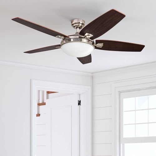 Honeywell Ceiling Fans Carmel, 48 Inch Contemporary Indoor LED Ceiling Fan with Light, Remote Control, Dual Mounting Options, Dual Finish Blades, Reversible Motor - 51920-01 (Brushed Nickel) Honeywell