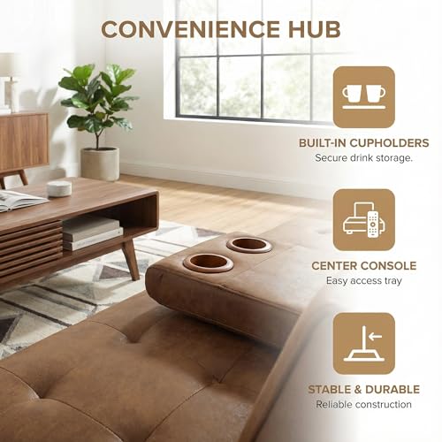 Anwick 66" Futon Sofa Bed with Cup Holders, Modern Brown Leather Loveseat for Living Room, Convertible 2 Seater Sleeper Sofa Couch for Small Compact, Office, Apartment Anwick