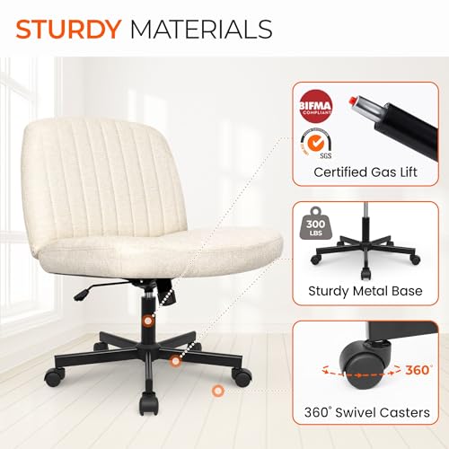 Orange Factory Criss Cross Chair Wheels Wide Cross Legged Office Desk Vanity Chair Comfy Fabric Armless Adjustable Swivel for Home Computer Task (Beige) Orange Factory