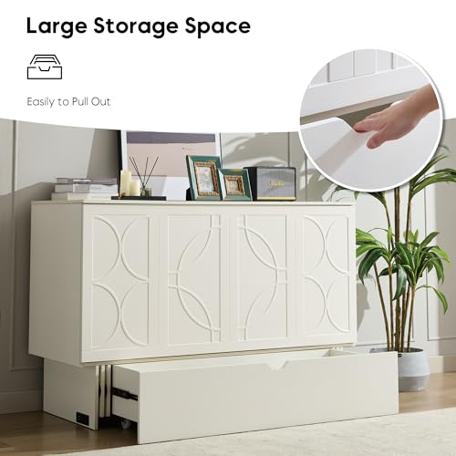 ZEIINPA Queen Size Murphy Bed Cabinet with Charging Station & Storage Drawer, Wall-Mounted Tri-Fold Mattress Space Saver for Bedroom, Living Room, Office (White) ZEIINPA