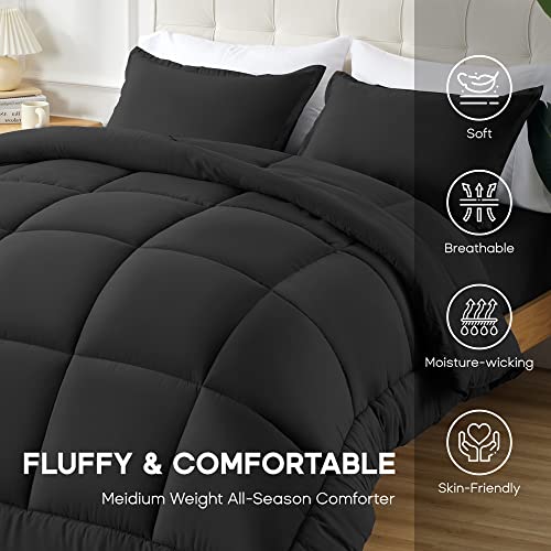 Sonive Full/Queen Comforter,Quilted Duvet All Season Down Alternative Bedding Duvet Insert Soft Fluffy Breathable Microfiber 200gsm with 8 Corner Tabs Easy Care Black Sonive