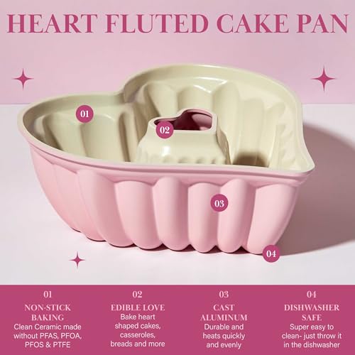 Paris Hilton Heart Shaped Fluted Cake Pan, Cast Aluminum with Clean Ceramic Nonstick Bakeware, Dishwasher Safe, Made without PFAS, PFOA, PFOS & PFTE, 9-Inch, Pink Paris Hilton