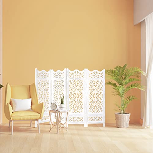 Room Divider Wood Screen Panel – Antique White, 4-Panel Folding 64"x48", Hand-Carved, Reversible Privacy Partition, Decorative & Functional Portable Room Divider for Home or Office The Wooden Town