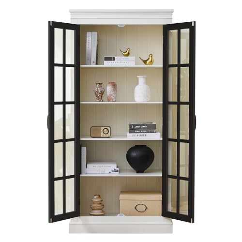Ball & Cast 71.2" Tall Display Cabinet W/Glass Doors,Curio Cabinet W/Adjustable Shelves&Fixed Shelves for Collectibles,Trophies,Farmhouse Style Cabinets for Hallways,Living Room,Bedroom,White&Black Ball & Cast