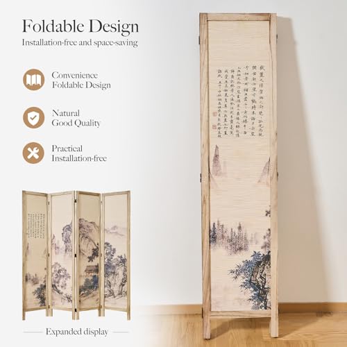 Svimi Oriental Style 4 Panel Room Divider and Folding Screen Room Divider,Freestanding Partition Screen,67″H x 64″W (Landscape, Bamboo Curtain) Svimi