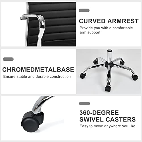Giantex Ribbed Office Chair, Ergonomic Modern Leather Desk Chair with Adjustable Height & Arms, Swivel Mid Back Executive Conference Room Chairs for Meeting Room (4, Black) Giantex