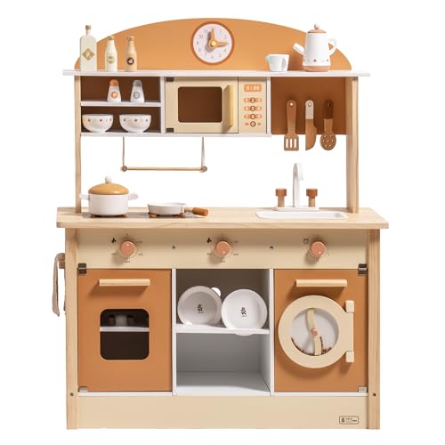 ROBUD Wooden Play Kitchen for Kids Toddlers, Kids Kitchen Playset with Realistic Accessories, Toy Kitchen Set with Plenty of Play Features, Modern Style Toy Kitchen for Girls & Boys, 3+, Caramel ROBUD