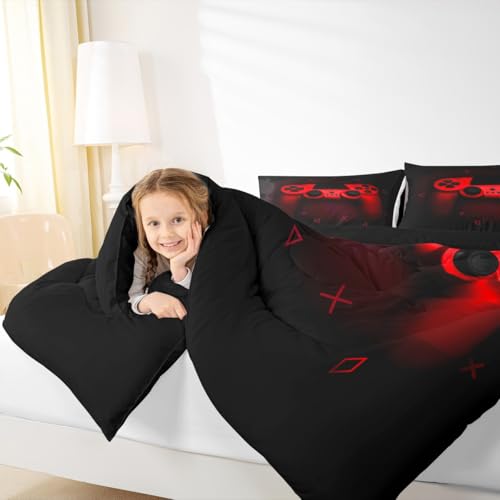 Boys Gamer Comforter Set Twin Size,Gamepad Bedding Set Kids Young Man Video Games Down Comforter for Teen Child Game Room Decor Black Red Classic Retro Gaming Quilted Duvet Set with Pillowcase Erosebridal