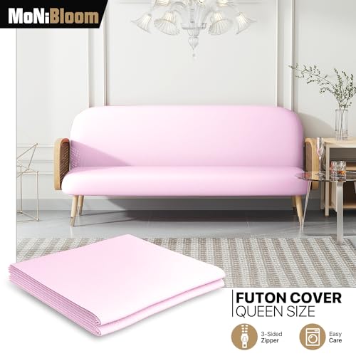 MoNiBloom Queen Size Futon Cover, Armless Stretch Futon Slipcover Armless Sofa Cover Furniture Protector, Durable & Washable Zippered Futon Couch Cover for Adults Kids and Pets, LightPink MoNiBloom