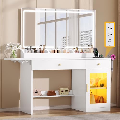 YITAHOME Vanity Desk with Mirror and Lights, RGB Cabinet, Extral Foldable Desk, Makeup Desk with Large Mirror and Power Outlets, Vanity Table Set Bedroom, Dressing Room, White YITAHOME
