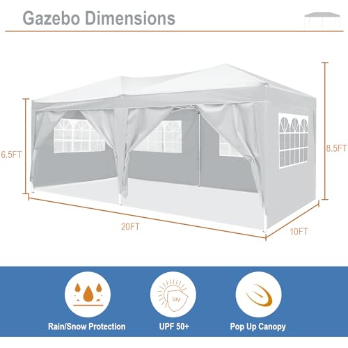 DOINUO 10x20 White Pop Up Canopy Outdoor Party Tent with 6 Sidewalls, Wedding Party Tent Outdoor Waterproof UV50 Canopy Event Shelter Tents for Parties, 6 pcs Weight Bag,Carry Bag DOINUO