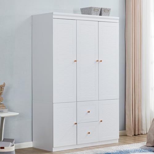 WonderWard 74" H Wardrobe with 3 Doors and 2 Storage Drawers, White Armoire Wardrobe Closet, Bedroom Closet with Hanging Rod, Clothing Wardrobe Closet, Wooden Louvered Wardrobe Closet. WonderWard