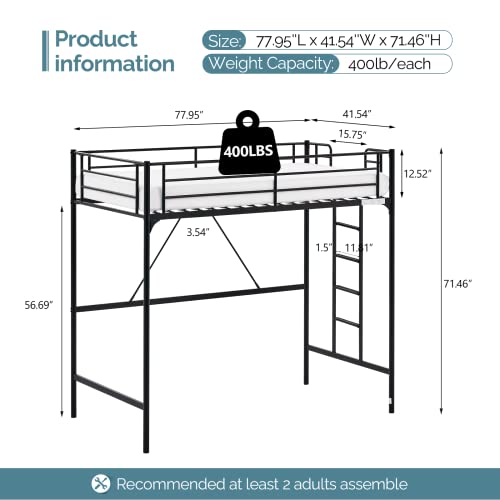 Bonnlo Metal Loft Bed with Stairs and Flat Rung, Junior Loft Bed Twin Size High Loft Bed for Kids/Teens/Adults, No Box Spring Required, Black Bonnlo