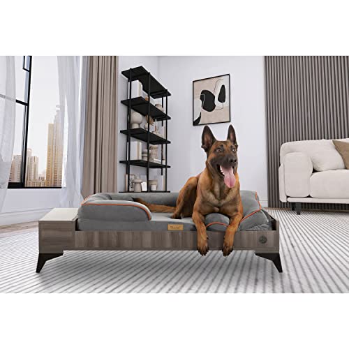 TailZzz Wooden Dog Bed with Mattress, Large to Extra Large Water-Resistant Elevated Pet Bed, Wooden Pet Bed with Storage, Greenguard Gold Certified, Machine Washable, Smokey Grey, Wyatt TailZzz