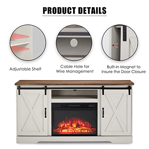 AMERLIFE 5-Piece Farmhouse Table Set Includes Fireplace TV Stand, Coffee Table& Two End Tables with Charging Station and USB Ports, for Living Room, Distressed White, 59" AMERLIFE