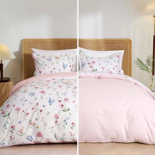 PHF Ultra Soft Floral Duvet Cover Queen Size, Printed Bedding Set 3 Pieces, Comfy Durable Farmhouse Duvet Cover Set with 2 Pillow Shams, Zipper Closure and 8 Ties, 90"x90", White & Pink PHF