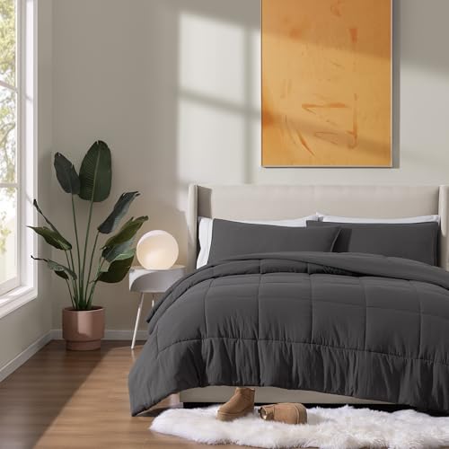 UGG Leonora Comforter Set with 2 Pillow Shams Lightweight Down Alternative Blanket Reversible Cozy Warm All Season Washable and Hypoallergenic Bedding Set, King, Charcoal Grey UGG
