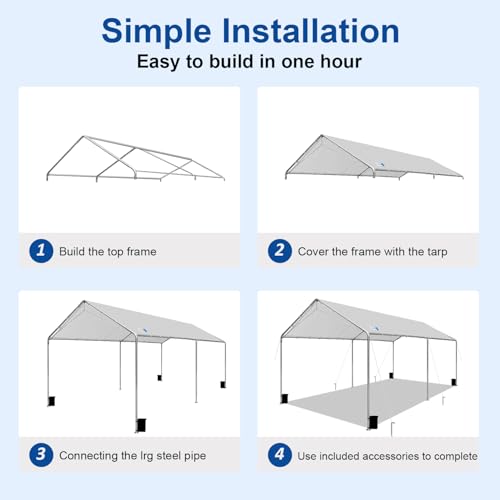 Carport Canopy 10'x20' Heavy Duty Carport, Waterproof & UV Protected Garage Top Tarp Shelter Cover with Reinforced Steel Cables, Outdoor Portable Garage for Car, Boat Tent, Light Grey SAILARY