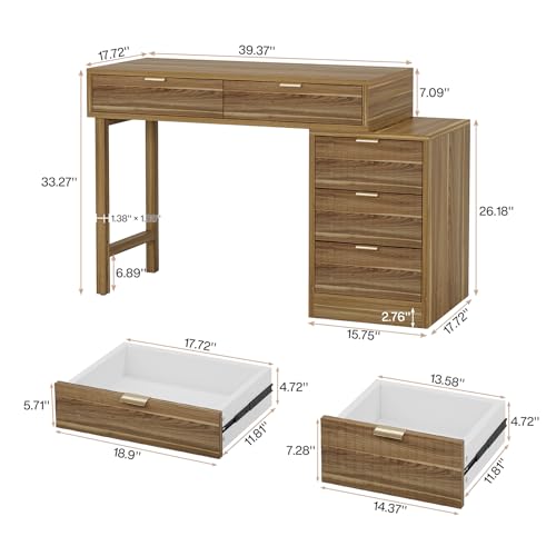 Tribesigns Makeup Vanity Desk with 5 Drawers, Modern Small Dressing Desk with Storage, Wood Make Up Table for Bedroom, Narrow Space (Without Mirror), Walnut Brown Tribesigns