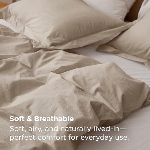 Bedsure 100% Washed Cotton Duvet Cover Queen Size - Frosted Almond Minimalist Cotton Duvet Cover Linen Like for All Seasons - GentleSoft™ Plain Simple Bedding, Frosted Almond, Queen, 90"x90" Bedsure