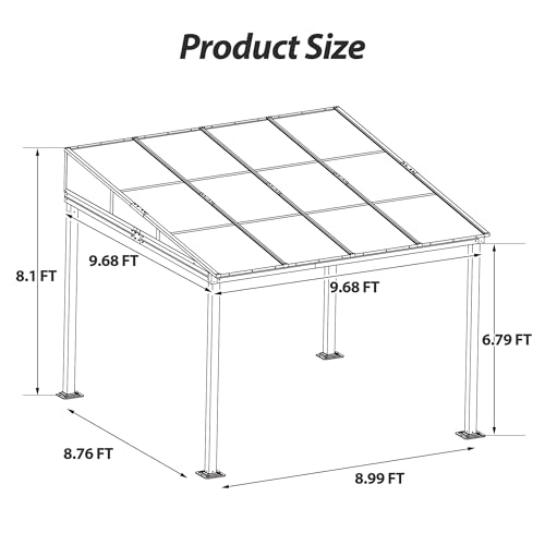 QZEN 10' x 10' Hardtop Lean to Gazebo, Wall Mounted Gazebo with Sloping Polycarbonate Roof and Netting & Curtain, Aluminum Frame Gazebo for Garden, Lawn, Backyard Deck (10’x10’) QZEN