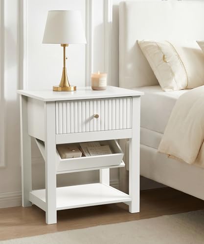 Aylenic Night Stand with Gun Drawer, Nightstand Gun Safe White and Gold Bedside Table Handgun Safe Modern Fluted Bedroom Organiser Storage, Side Table Living Room Simple Aesthetic End Table Aylenic