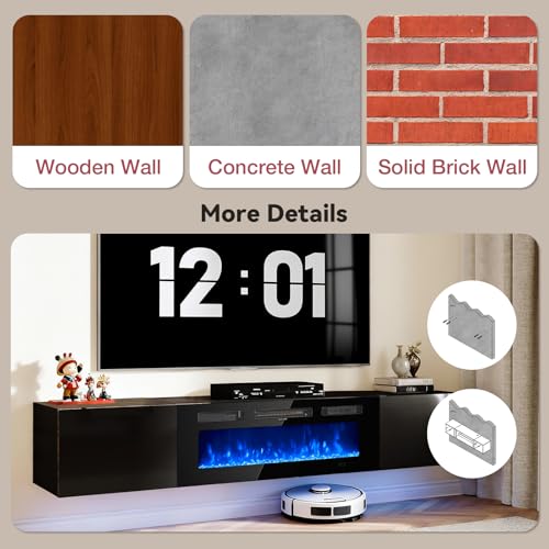 OneBlis 70'' Floating TV Stand with 36" Electric Fireplace, Wall Mounted Entertainment Center with Storage for TVs up to 80", Adjustable 12-Color LED Media TV Console for Living Room,All Black OneBlis