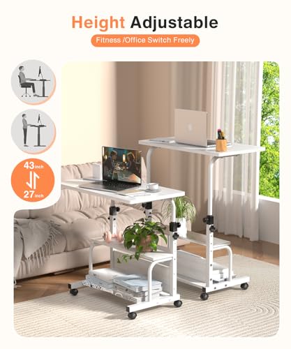 QZMDSM Portable Desk with Wheels Small Standing Desk on Wheels Adjustable Height Rolling Desks for Small Spaces, 32" Computer Desks with Storage Shelves for Home Office Study White QZMDSM