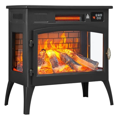 24″ Freestanding Electric Fireplace Stove with 3D Flame Effect and 6 Flame Color, 1000/1500W Infrared Fireplace Stove, 5200 BTU Electric Fireplace Heater with Remote and Timer for Indoor, Black