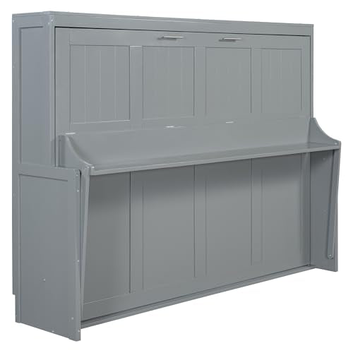 Merax Queen Horizontal Murphy Bed with Hydraulic Lift & Desk, Wood Grey Murphy Bed Cabinet Folding Murphy Chest Bed Queen Size Adults Murphy Bed Merax
