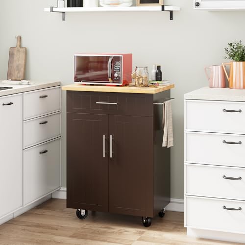 Shintenchi Kitchen Island Cart with Storage,Rolling Kitchen Island Side Table on Wheels with Large Worktop,Storage Cabinet,Towel Rack and Drawers for Kitchen,Dinning Room, Brown Shintenchi
