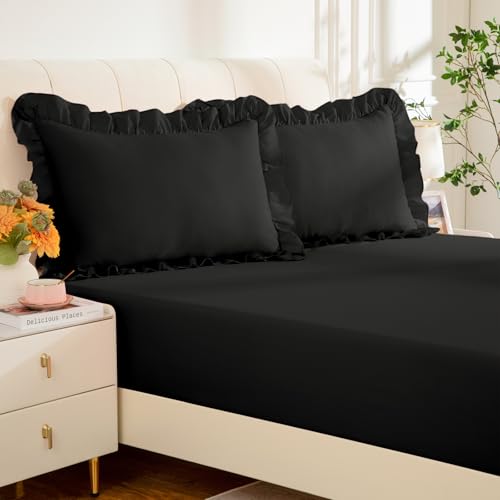 KKJIAF Full Fitted Bed Sheets with 2 Ruffle Pillowcases, Brushed Microfiber Fitted Sheet with 16 Inches Deep Pocket, Comfy Breathable Bed Sheets, Black (No Flat Sheet) KKJIAF