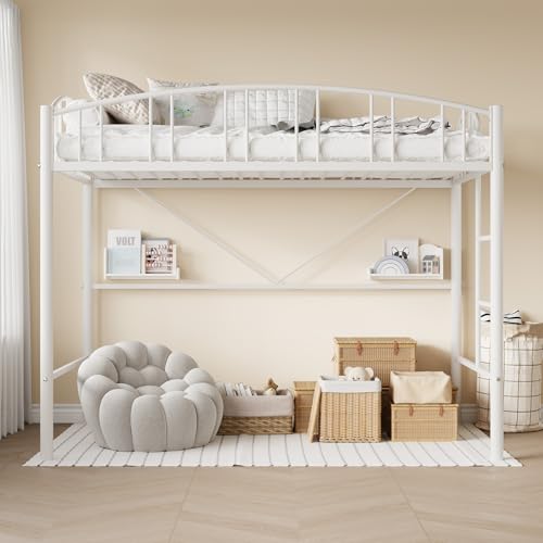 IDEALHOUSE Loft Bed Twin Size with Ladder and High-Arched Guardrail, Sturdy Metal Slats, Space-Saving Design, Modern Decor Style, Easy Assembly, No Box Spring Needed, Safe for Kids/Adults, White IDEALHOUSE