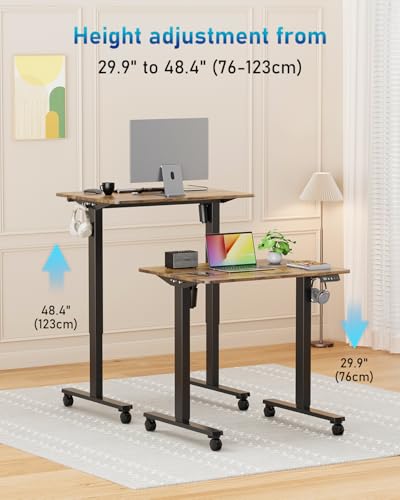 Small Height Adjustable Electric Standing Desk, 31.5" x 23.6" Sit Stand up Desk with Splice Board, Ergonomic Rising Computer Home Office Desk Table with Memory Preset, Black Frame/Rustic Brown Top Xyndyx